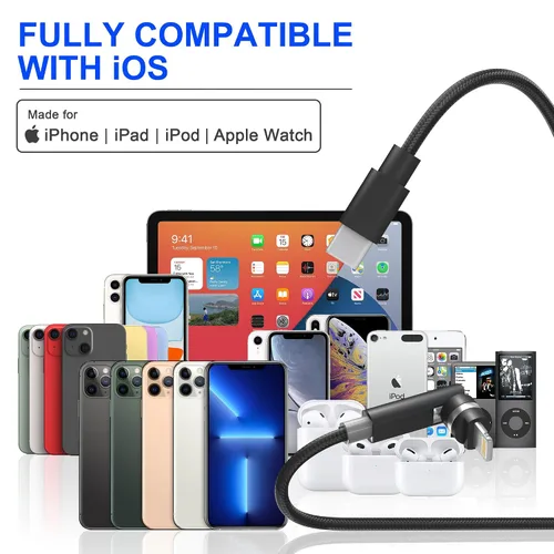 Vista 9 de Cable USB C a Lightning de 90 grados con conector giratorio de 360° de 6.6 pies [MFi y 3A y Carplay y Data] Cable de carga de nailon trenzado de 90