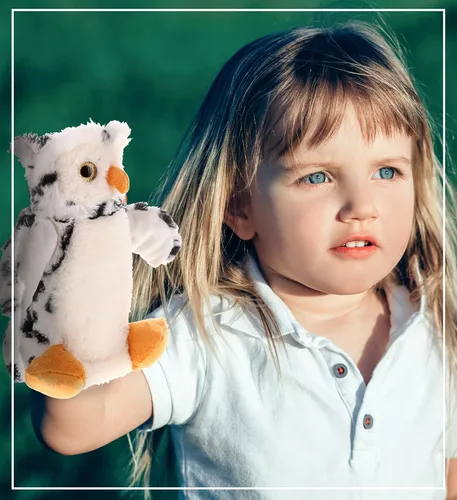 Vista 7 de DolliBu Marioneta de mano de peluche de búho blanco para niños, juguete de marioneta de peluche suave, juegos de espectáculos de marionetas