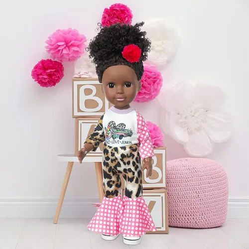 Vista 6 de ZQDOLL Conjunto de ropa de muñeca negra y muñeca de bebé, accesorios para muñecas, 14.5 pulgadas, muñeca afroamericana de silicona con mochila