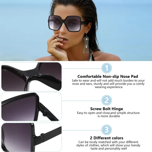 Vista 3 de 2 pares de gafas de sol cuadradas de gran tamaño, grandes y anchas, retro, para mujer