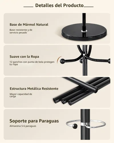 Vista 2 de ZOZOE Perchero de metal, moderno perchero independiente con base de mármol natural, perchero resistente con 10 ganchos y soporte para paraguas