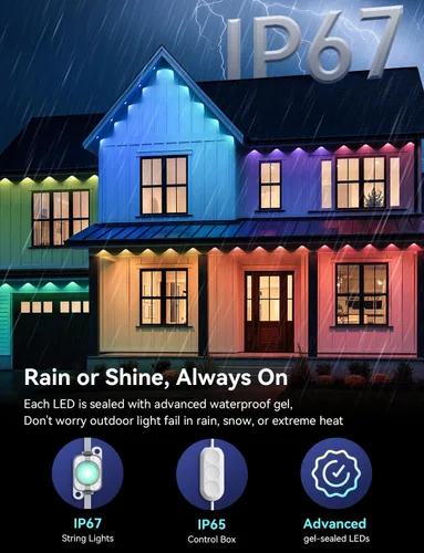 Vista 6 de Luces exteriores permanentes para casa, luces inteligentes impermeables RGB+IC IP67 para aleros, 200 pies con 100 LED, iluminación eterna