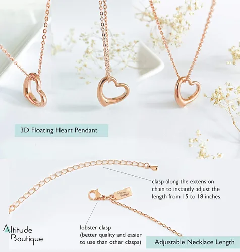 Vista 4 de Altitude Boutique Collar de corazón abierto para mujer, collar de corazón flotante, hipoalergénico, simple, collar de corazón con texto en inglés "I