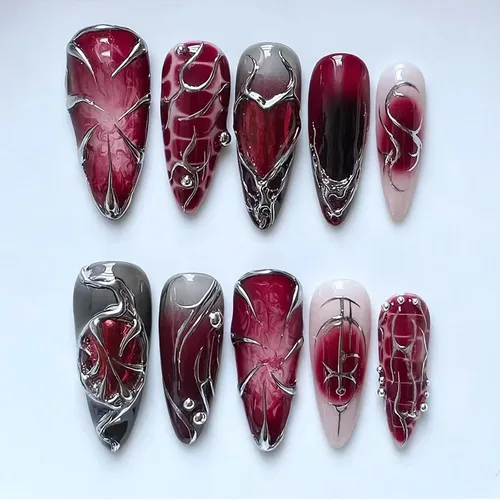 Vista 12 de BABALAL - Uñas postizas largas a presión, uñas postizas negras y rojas, uñas acrílicas de almendra con diseño gótico de vampiro, uñas adhesivas