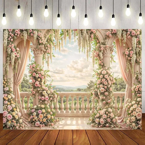 Vista 12 de Telón de fondo de flores de primavera de 5 x 3 pies para sesión de fotos de flores rosas y flores, decoración de fiesta de té, telón de fondo