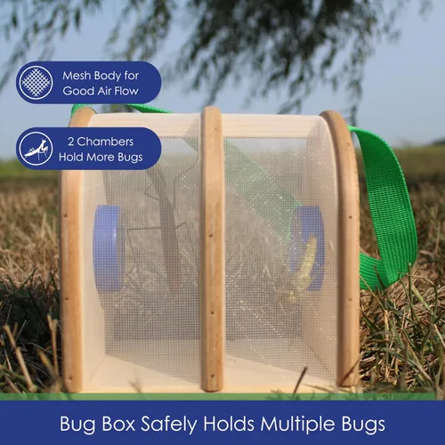 Vista 4 de Caja de insectos de madera para niños, hábitat de insectos de doble cámara con correa de transporte de nailon
