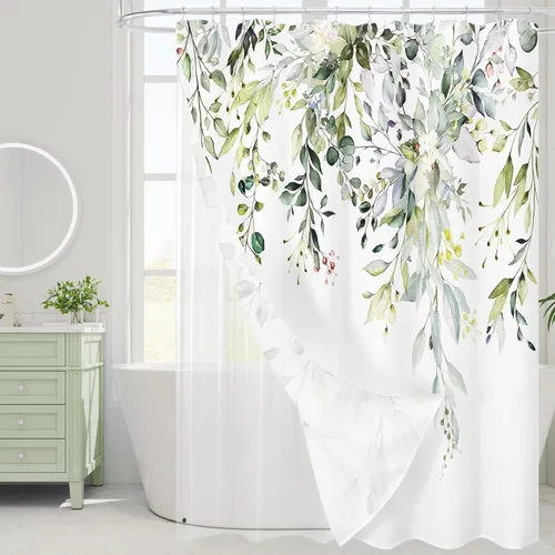 Vista 64 de Gibelle - Cortina de ducha para ducha pequeña 36 x 72, cortina de ducha estrecha con flores blancas y negras, juego de cortina de ducha de tela