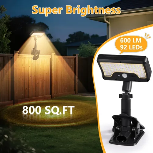 Vista 3 de Luces solares con clip para exteriores con sensor de movimiento, luces de valla solares ajustables verticalmente y giratorias en 360° con 92 LEDs