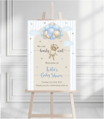 Vista 31 de Letrero de bienvenida para baby shower, personalizable, con texto en inglés «We Can Bearly Wait» Neutral Cute Teddy Bear Theme, varios tamaños