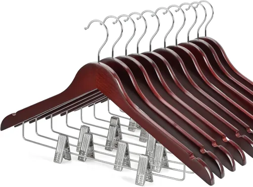 Vista 12 de TOPIA HANGER Perchas de madera para trajes con clips de metal ajustables (paquete de 10), perchas de ropa de madera maciza, gancho giratorio