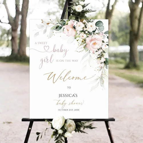 Vista 6 de Cartel de bienvenida personalizado para baby shower, cartel de bienvenida floral de niña, póster de bienvenida de rubor rosa Versión #1