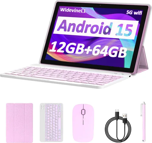 Vista 10 de Tablet Android 15 de 10 pulgadas, 12GB RAM+64GB ROM+1TB expandible, tabletas 2 en 1 con teclado/estuche/ratón/lápiz óptico, procesador de cuatro