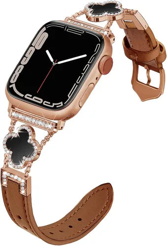 Vista 6 de Correa de cuero compatible con Apple Watch para mujeres de 38 mm, 40 mm, 41 mm, 42 mm, Series 10, 9, 8, SE, 7, 6, 5, 4, 3, 2, 1 1 oro/negro