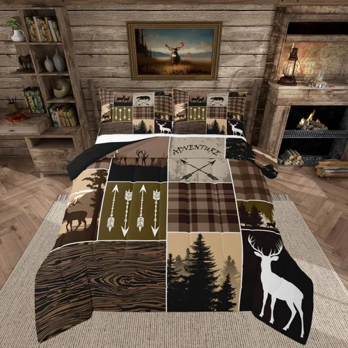 Vista 19 de Juego de edredón de cabaña rústica navideña, juego de ropa de cama estilo rústico con diseño de osos y ciervos, tamaño completo, patchwork Multi 08