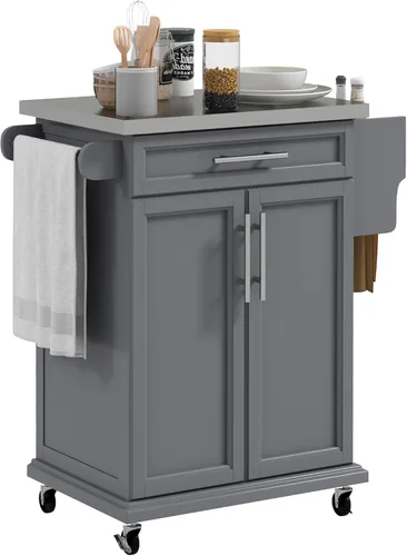 Vista 10 de HOMCOM Isla de cocina sobre ruedas, carrito de cocina rodante con encimera de acero inoxidable, cajón, toallero y estante de especias, carrito