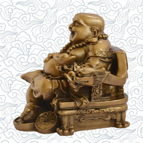 Vista 4 de Feng Shui Buda chino sonriente sentado en silla de dragón, escultura artesanal, riqueza de resina, estatua de la suerte feliz para decoración