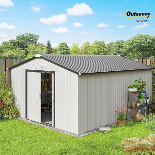 Vista 2 de Outsunny Cobertizo de almacenamiento exterior de 11' x 13', cobertizo de metal para herramientas de jardín con kit de cimentación, puerta con doble