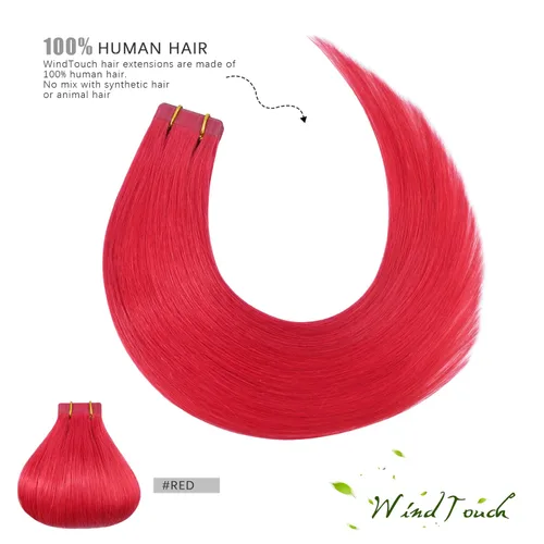 Vista 6 de WindTouch Extensiones de cabello humano con cinta adhesiva, color rojo, 20 unidades, 14 pulgadas, #rojo, 1.06 oz