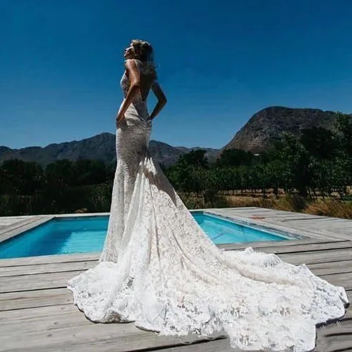 Vista 5 de Tsbridal Vestidos de novia de sirena bohemia, vestidos de novia de encaje, vestidos de novia de color marfil con bolsillo