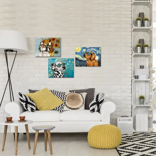 Vista 3 de Visual Art Decor Cuadro creativo de perro para decoración de pared, Van Gogh Noche estrellada, girasol, girasol, impresiones en gafas de sol