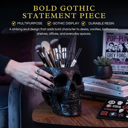 Vista 3 de Soporte para brochas de maquillaje de calavera, soporte para bolígrafos, tocador, escritorio, organizador de oficina, estacionario, maceta Negro