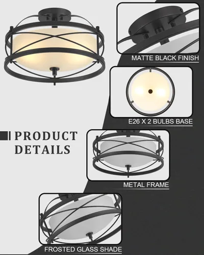 Vista 3 de Accesorios de luz de tambor para entrada, lámpara de techo rústica de montaje semiempotrado para pasillo, sala de estar, dormitorio, cocina (negro)