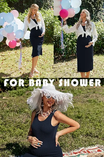 Vista 4 de Ekouaer Vestido de maternidad para mujer, de punto acanalado, sin mangas, con abertura lateral, vestido ajustado para embarazo, tallas S-XXL