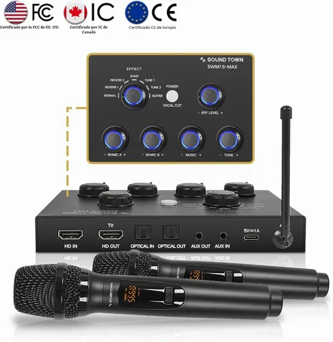 Vista 2 de Sound Town Sistema mezclador de karaoke con micrófono inalámbrico de 16 canales con 2 micrófonos inalámbricos, HD ARC, óptico (Toslink), AUX
