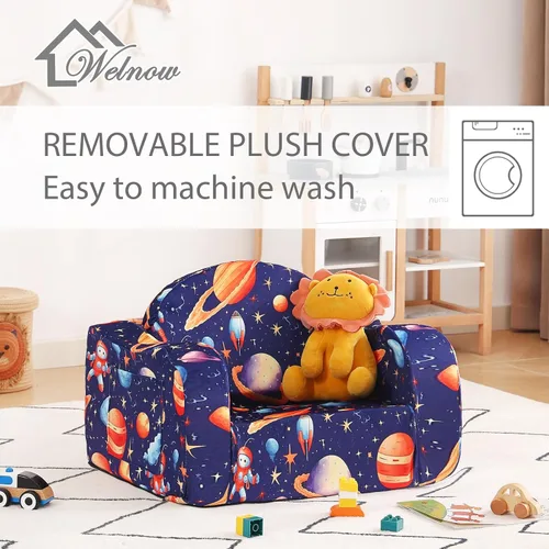 Vista 5 de Welnow Sofá infantil 2 en 1, silla convertible para niños, sofá abatible para niños con reposabrazos ondulados, sofá plegable para juegos para niños