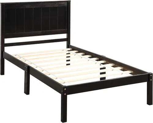 Vista 5 de P PURLOVE Marco de cama individual, cama de plataforma de madera maciza con cabecero, no necesita somier, espresso