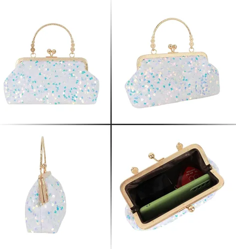 Vista 5 de Mini bolso de noche con lentejuelas con purpurina para mujer, bolso de mano de metal con asa superior, correa de cadena, bolso cruzado