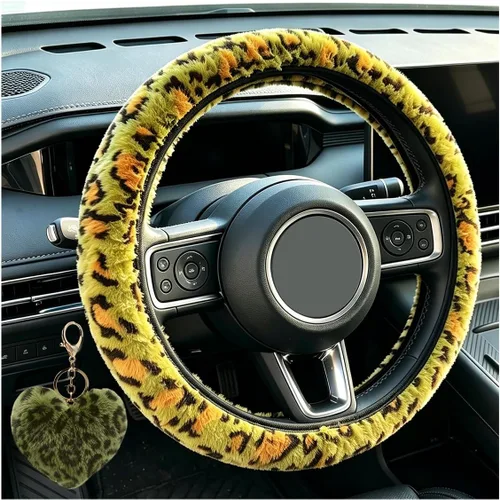 Vista 15 de Funda de volante de leopardo con llavero, protector de volante de piel elástica y mullida, guepardo, accesorios de automóvil para mujeres y niñas