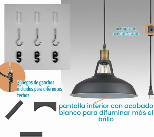Vista 4 de CLAXY Iluminación colgante industrial de enchufe estilo granero negro, lámpara colgante de granja con interruptor de encendido/apagado, cable de 197