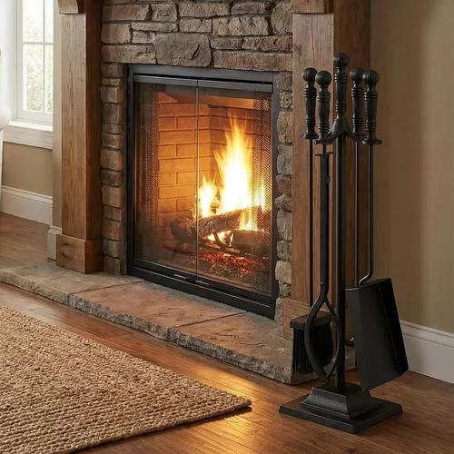 Vista 2 de IRONMAX Juego de herramientas para chimenea de 5 piezas, herramientas de hierro de 26 pulgadas con soporte, póquer, pinzas, cepillo y pala