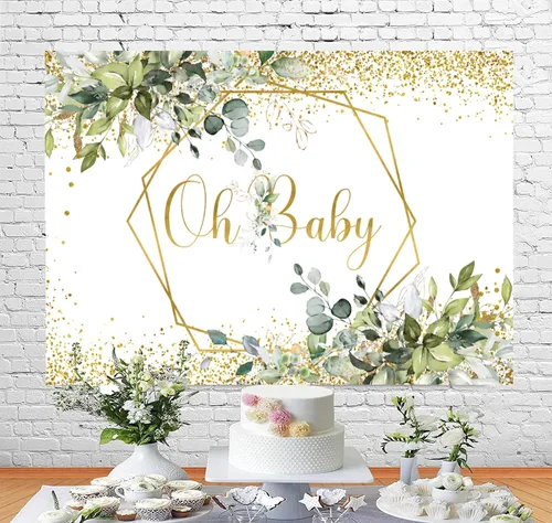 Vista 4 de InMemory Greenery Oh Baby Shower - Telón de fondo con purpurina de eucalipto dorado neutro para baby shower, fondo de fotografía de hojas verdes
