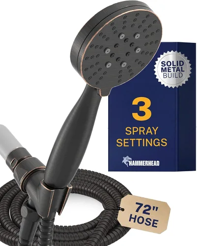 Vista 14 de HammerHead Showers Solid Metal 3-Spray Handheld Shower Head with Long Hose and Holder, High Pressure, Wide/Massage/Mist Sprays, Brushed Nickel, 1.75