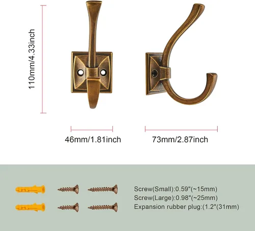 Vista 3 de TUNNY Paquete de 5 ganchos para colgar en la pared de diseño antiguo, ganchos de latón antiguo, gancho para toallas para armario de zapatos