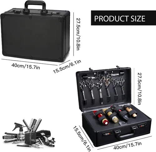 Vista 2 de Estuche de peluquero portátil para cortapelos y suministros, doble capa grande, herramientas de viaje, caja organizadora, kit de peluquería Negro
