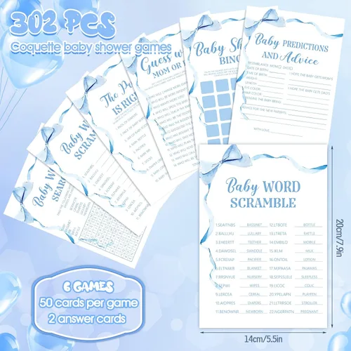 Vista 2 de Ctosree 302 Piezas Juegos de Baby Shower Azul Lazo Precio es Correcto Baby Shower Señales Acuarela, 6 Juegos, 50 Hojas Cada Uno, Predicciones