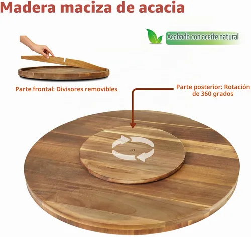 Vista 4 de Utoplike Gran acacia Lazy Susan para mesa, bandeja redonda giratoria para servir, tabla de charcutería de madera de 17.7 pulgadas con borde elevado