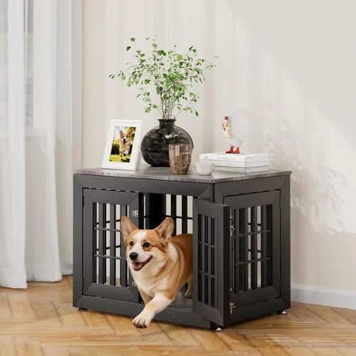 Vista 14 de Snuowu Mueble de jaula de perro resistente de 26 pulgadas para perros pequeños, medianos y grandes, jaula rústica de madera para perros, muebles