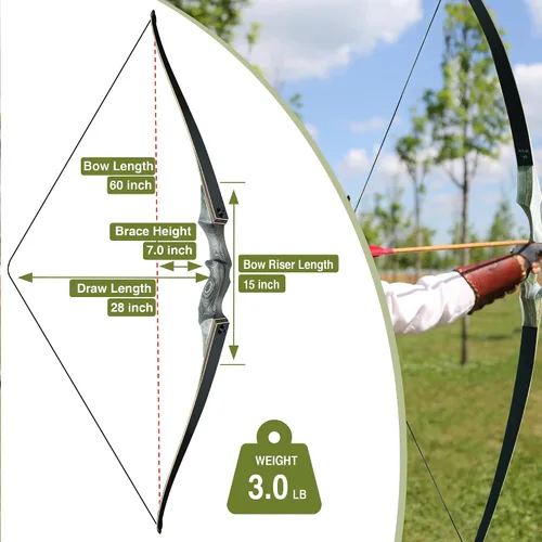 Vista 3 de Arco largo de caza desmontable Black Hunter, GLURAK 1,52 m/60" de madera para mano derecha y izquierda, arco de tiro con arco para principiantes