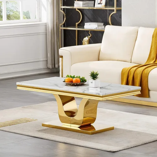Vista 25 de SSLine Mesa de Centro Rectangular de Mármol Sintético para Sala de Estar, Mesa Central Moderna de Mármol Blanco de Lujo con Base Doble en Forma de U