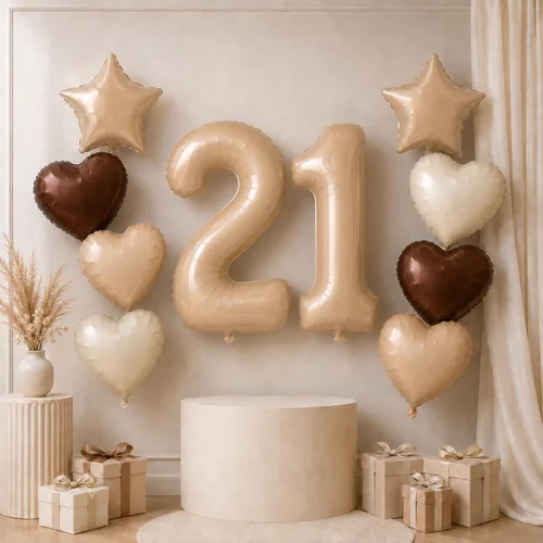 Vista 36 de Decoración de Globos Número 10 de 40 Pulgadas, Globos de Corazón Neutro de Papel de Aluminio Crema Retro Albaricoque Marrón con Globo de Helio