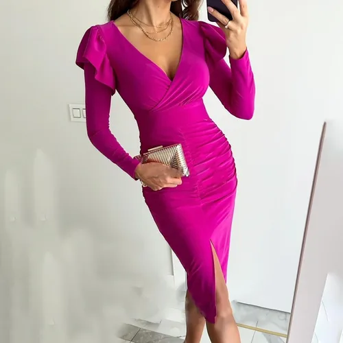 Vista 4 de Vestidos formales para mujer corte bajo, ajustado, vestido dividido volantes y manga cóctel, vestido fiesta cintura
