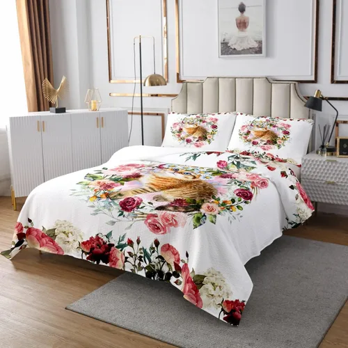 Vista 2 de Erosebridal Juego de colcha con diseño de gato y gatito, juego de colcha con temática de animales, juego de ropa de cama floral de flores coloridas