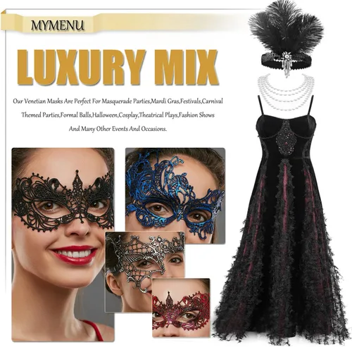 Vista 5 de MYMENU Máscaras de mascarada para mujer, de encaje, Halloween, veneciano, carnaval, para disfraz, cosplay, Mardi Gras, fiesta de baile Negro