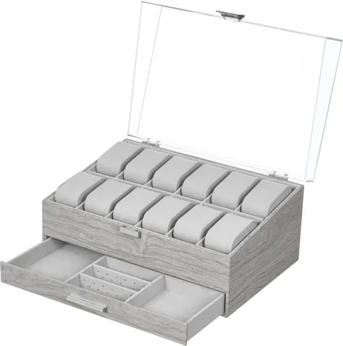Vista 8 de Hzuaneri Caja de reloj, regalos de Navidad, caja de reloj de 12 ranuras con tapa acrílica grande, almohadas de reloj extraíbles, organizador de caja