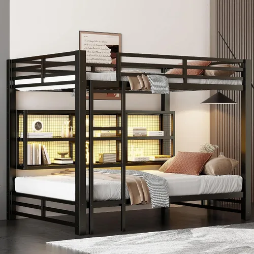 Vista 28 de Litera de metal resistente de tamaño individual sobre matrimonial, con escalera integrada y barandilla de seguridad para niños, adolescentes