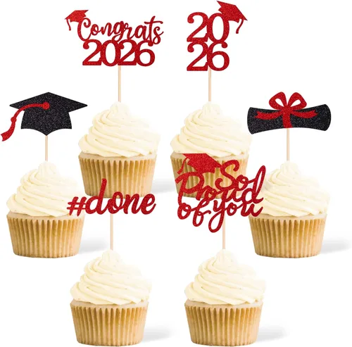 Vista 9 de 36 adornos para cupcakes de graduación de clase 2026, con purpurina azul de doble cara para suministros de fiesta de graduación, decoraciones